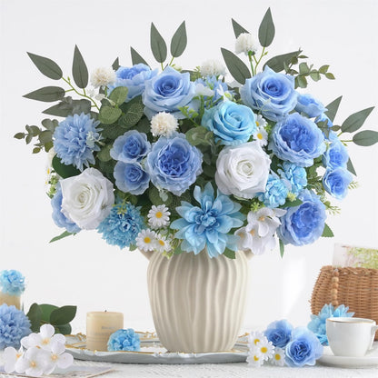 Mixed Artificial Flowers Set, Small Artificial Peony Bouquet Fake Rose Flower Silk Floral Arrangements for Table Centerpiece Home Wedding Party Bridal Decoration(Blue, 2 Bouquets & 2 Stems)