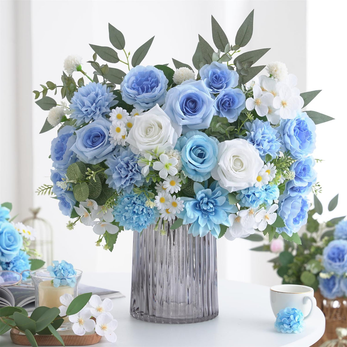 Mixed Artificial Flowers Set, Small Artificial Peony Bouquet Fake Rose Flower Silk Floral Arrangements for Table Centerpiece Home Wedding Party Bridal Decoration(Blue, 2 Bouquets & 2 Stems)