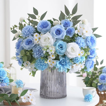 Mixed Artificial Flowers Set, Small Artificial Peony Bouquet Fake Rose Flower Silk Floral Arrangements for Table Centerpiece Home Wedding Party Bridal Decoration(Blue, 2 Bouquets & 2 Stems)