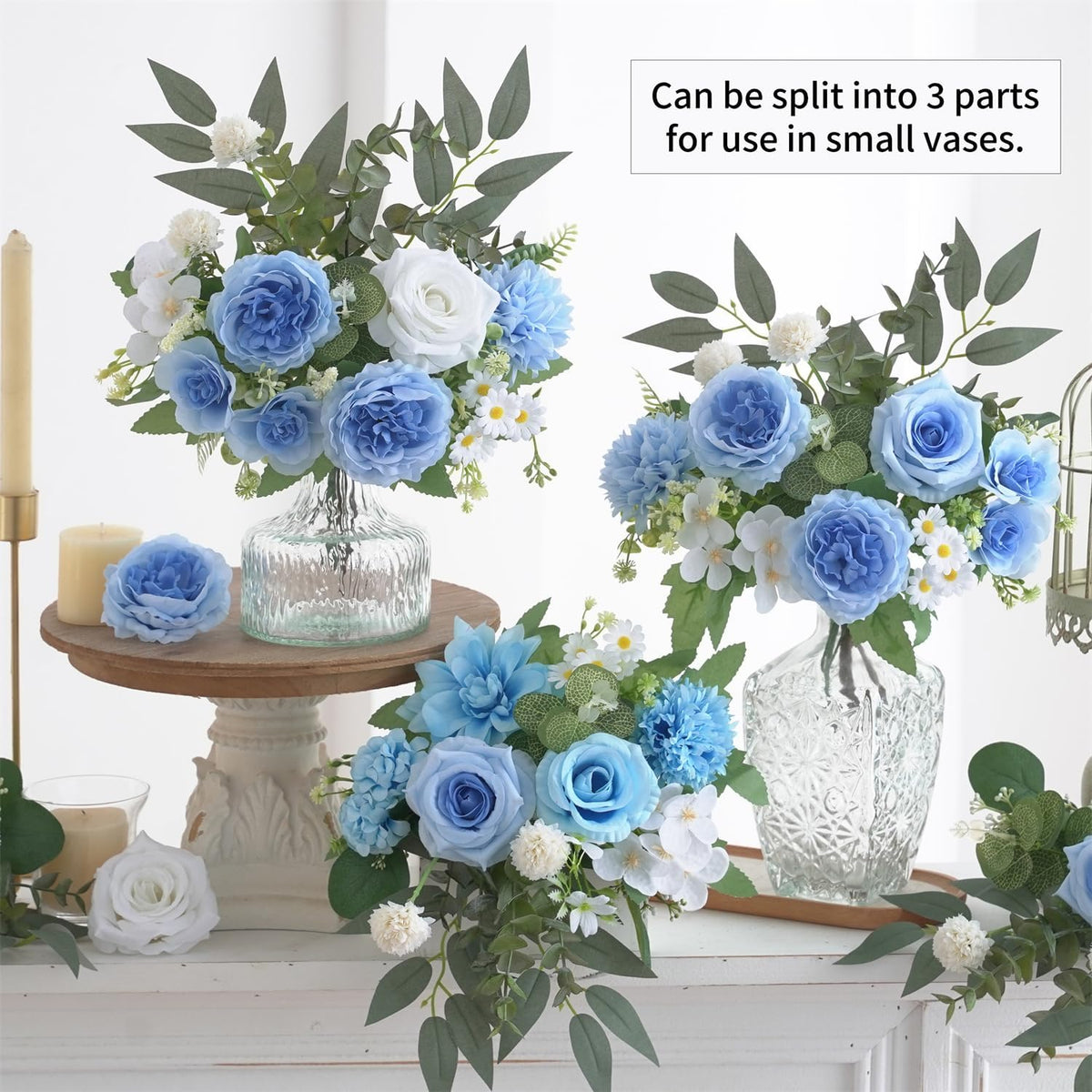 Mixed Artificial Flowers Set, Small Artificial Peony Bouquet Fake Rose Flower Silk Floral Arrangements for Table Centerpiece Home Wedding Party Bridal Decoration(Blue, 2 Bouquets & 2 Stems)