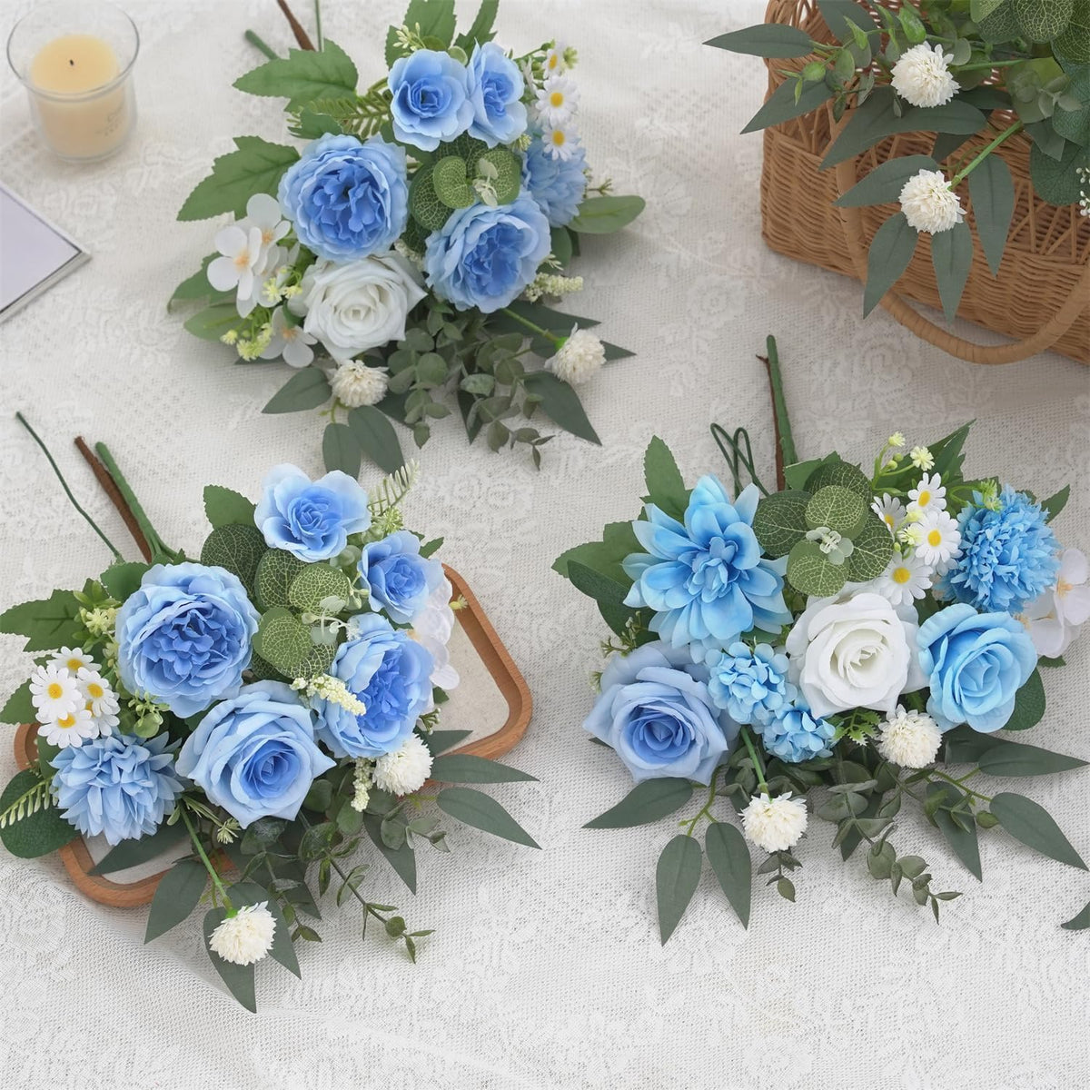 Mixed Artificial Flowers Set, Small Artificial Peony Bouquet Fake Rose Flower Silk Floral Arrangements for Table Centerpiece Home Wedding Party Bridal Decoration(Blue, 2 Bouquets & 2 Stems)