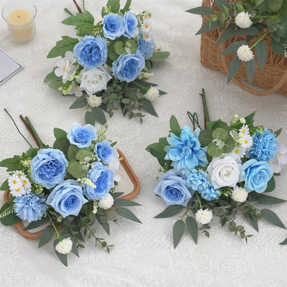 Mixed Artificial Flowers Set, Small Artificial Peony Bouquet Fake Rose Flower Silk Floral Arrangements for Table Centerpiece Home Wedding Party Bridal Decoration(Blue, 2 Bouquets & 2 Stems)