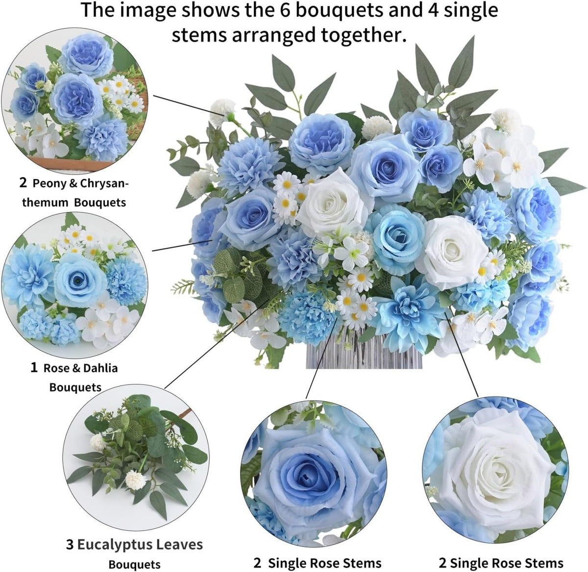 Mixed Artificial Flowers Set, Small Artificial Peony Bouquet Fake Rose Flower Silk Floral Arrangements for Table Centerpiece Home Wedding Party Bridal Decoration(Blue, 2 Bouquets & 2 Stems)