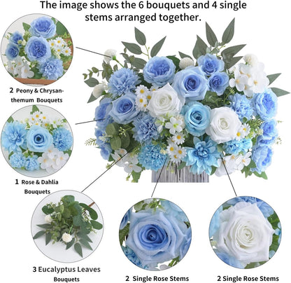 Mixed Artificial Flowers Set, Small Artificial Peony Bouquet Fake Rose Flower Silk Floral Arrangements for Table Centerpiece Home Wedding Party Bridal Decoration(Blue, 2 Bouquets & 2 Stems)