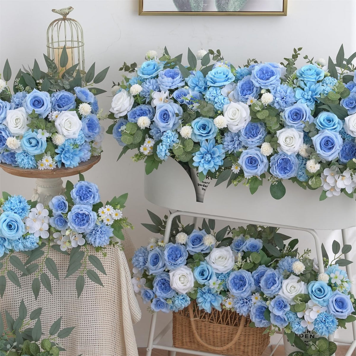 Mixed Artificial Flowers Set, Small Artificial Peony Bouquet Fake Rose Flower Silk Floral Arrangements for Table Centerpiece Home Wedding Party Bridal Decoration(Blue, 2 Bouquets & 2 Stems)