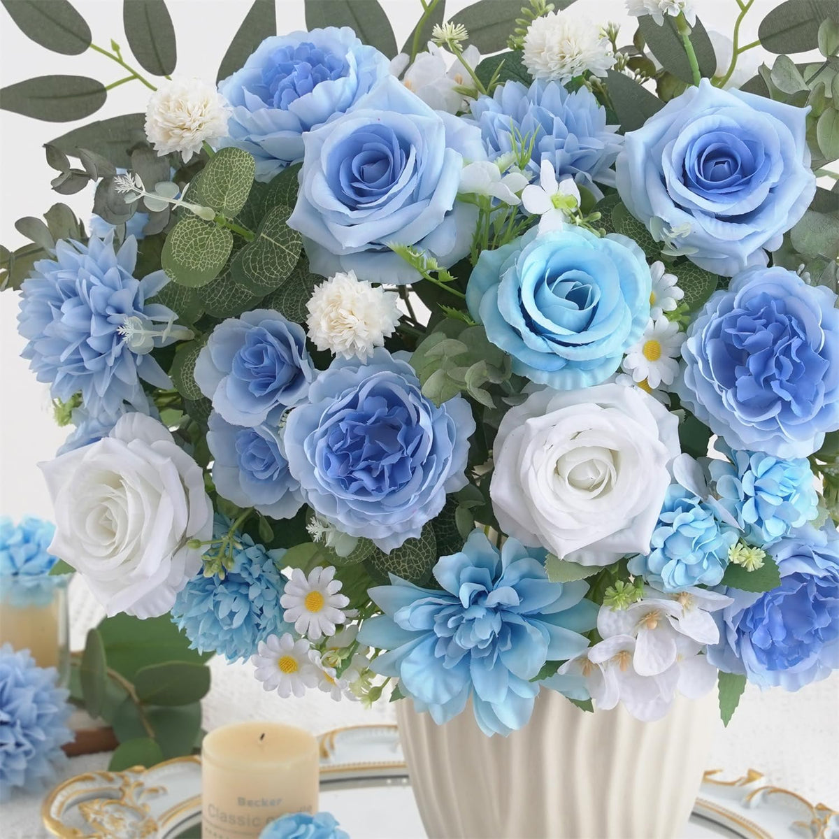 Mixed Artificial Flowers Set, Small Artificial Peony Bouquet Fake Rose Flower Silk Floral Arrangements for Table Centerpiece Home Wedding Party Bridal Decoration(Blue, 2 Bouquets & 2 Stems)