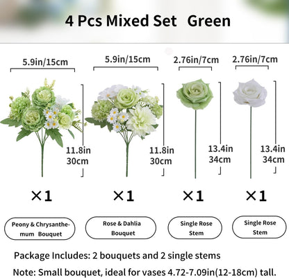 Mixed Artificial Flowers Set, Small Artificial Peony Bouquet Fake Rose Flower Silk Floral Arrangements for Table Centerpiece Home Wedding Party Bridal Decoration(Blue, 2 Bouquets & 2 Stems)