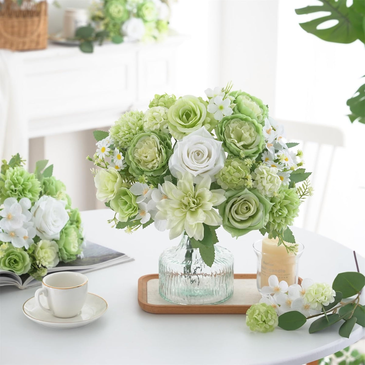 Mixed Artificial Flowers Set, Small Artificial Peony Bouquet Fake Rose Flower Silk Floral Arrangements for Table Centerpiece Home Wedding Party Bridal Decoration(Blue, 2 Bouquets & 2 Stems)