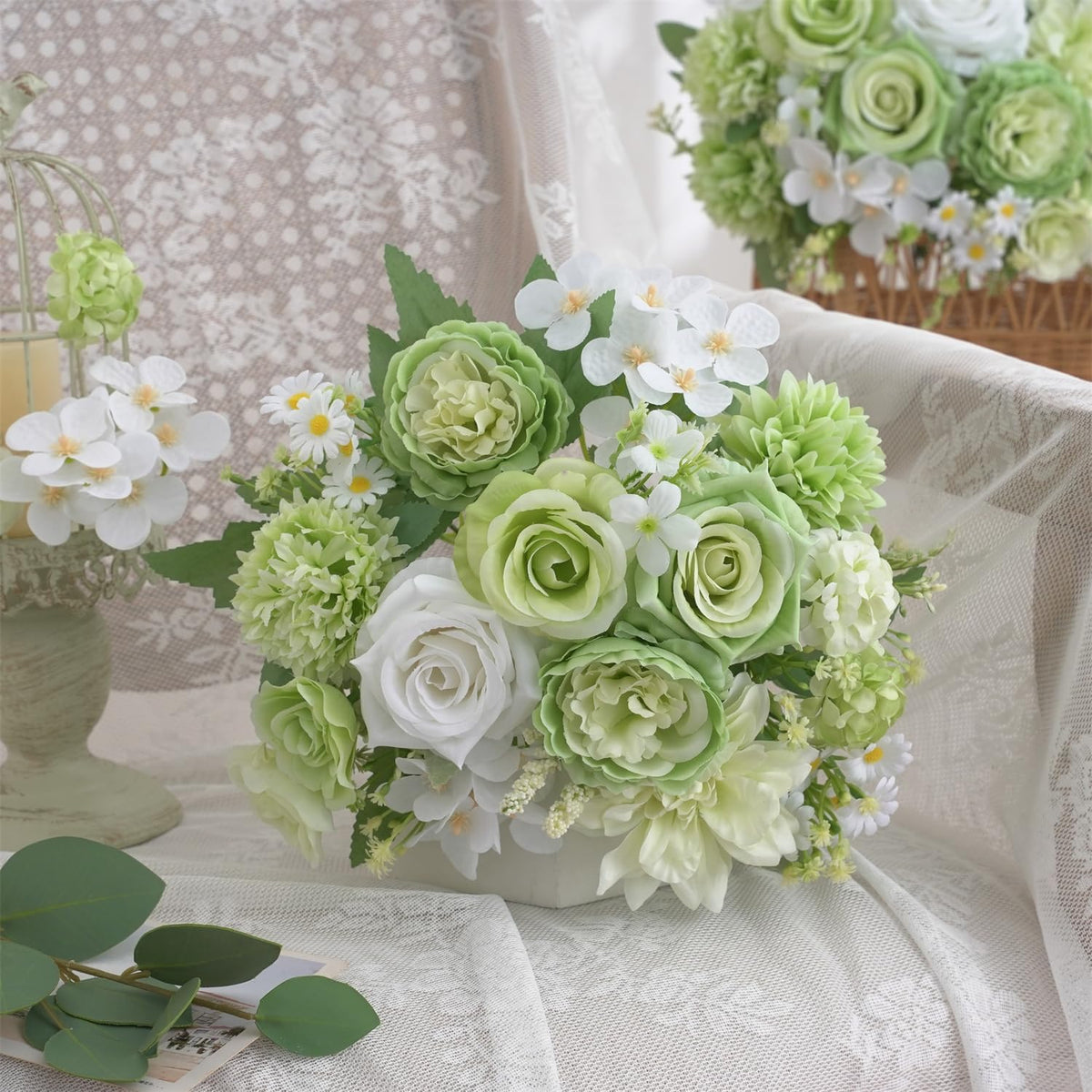 Mixed Artificial Flowers Set, Small Artificial Peony Bouquet Fake Rose Flower Silk Floral Arrangements for Table Centerpiece Home Wedding Party Bridal Decoration(Blue, 2 Bouquets & 2 Stems)