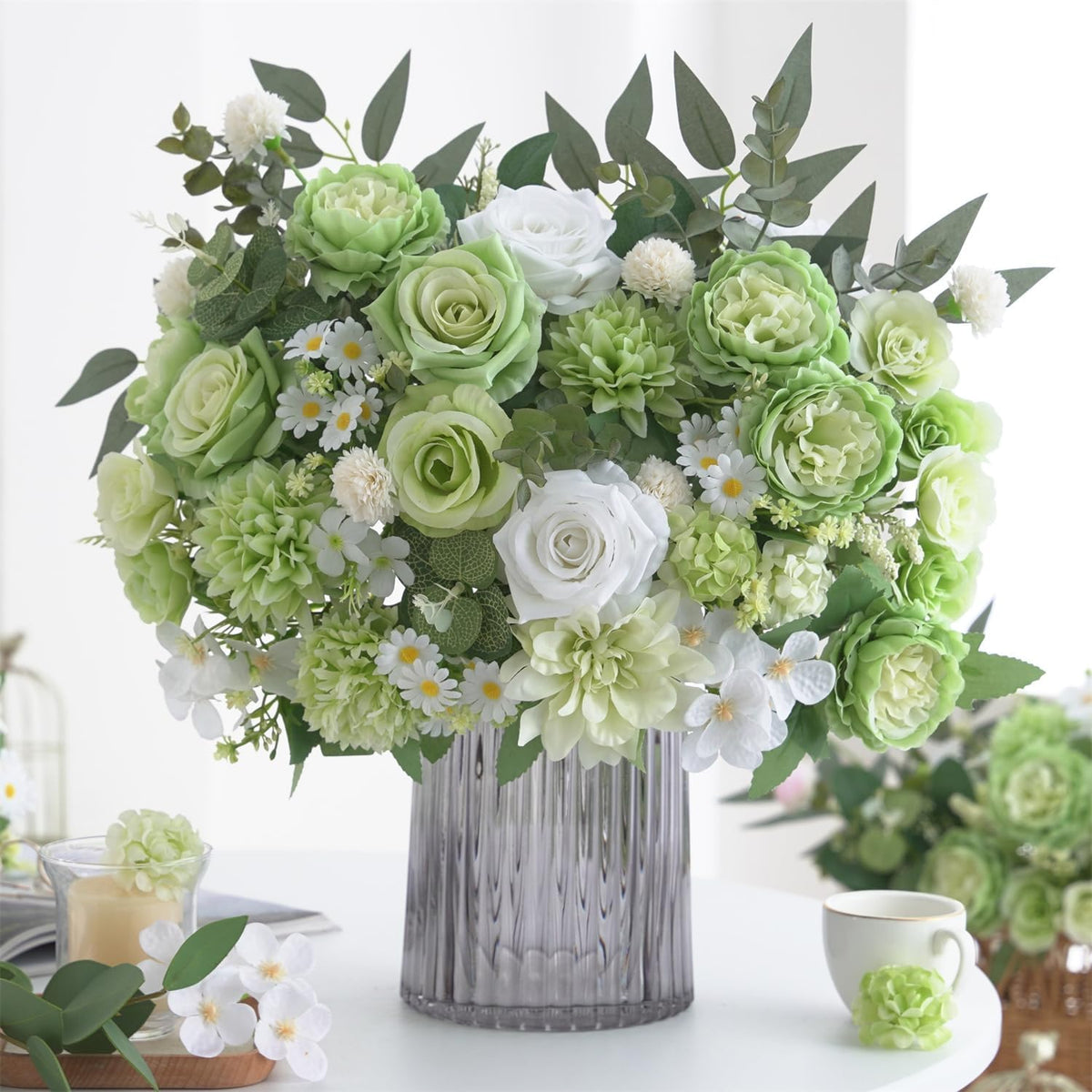 Mixed Artificial Flowers Set, Small Artificial Peony Bouquet Fake Rose Flower Silk Floral Arrangements for Table Centerpiece Home Wedding Party Bridal Decoration(Blue, 2 Bouquets & 2 Stems)