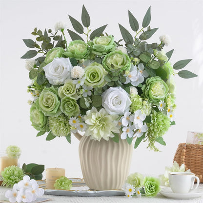 Mixed Artificial Flowers Set, Small Artificial Peony Bouquet Fake Rose Flower Silk Floral Arrangements for Table Centerpiece Home Wedding Party Bridal Decoration(Blue, 2 Bouquets & 2 Stems)