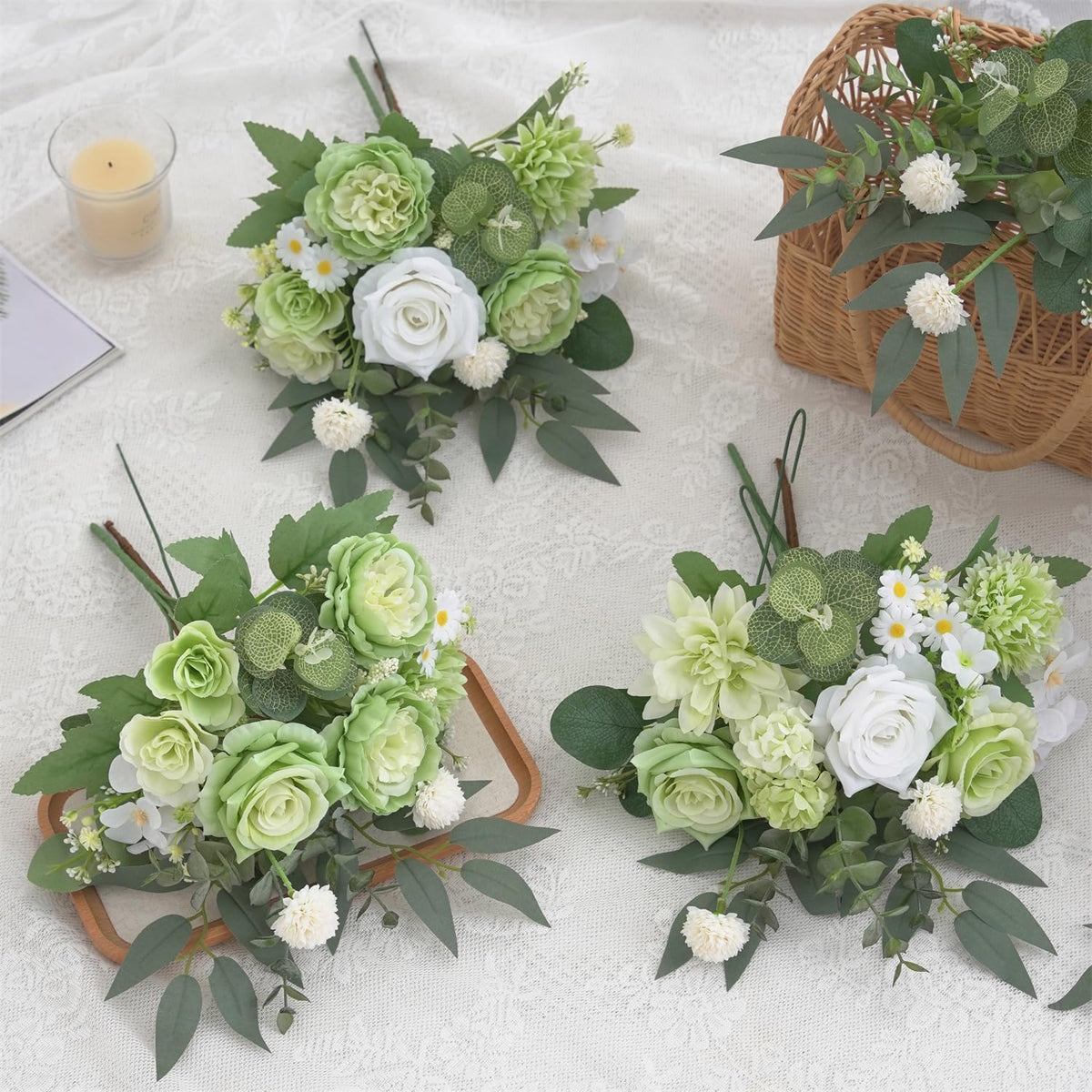 Mixed Artificial Flowers Set, Small Artificial Peony Bouquet Fake Rose Flower Silk Floral Arrangements for Table Centerpiece Home Wedding Party Bridal Decoration(Blue, 2 Bouquets & 2 Stems)