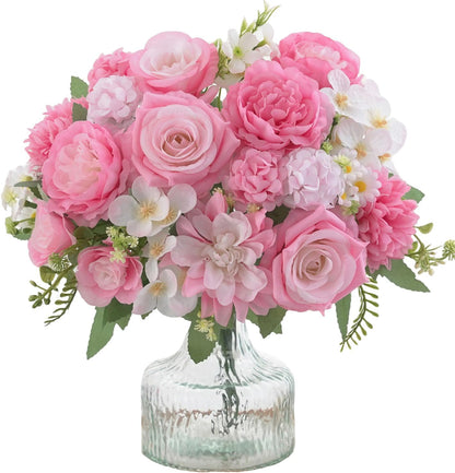 Mixed Artificial Flowers Set, Small Artificial Peony Bouquet Fake Rose Flower Silk Floral Arrangements for Table Centerpiece Home Wedding Party Bridal Decoration(Blue, 2 Bouquets & 2 Stems)