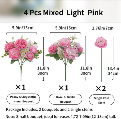 Mixed Artificial Flowers Set, Small Artificial Peony Bouquet Fake Rose Flower Silk Floral Arrangements for Table Centerpiece Home Wedding Party Bridal Decoration(Blue, 2 Bouquets & 2 Stems)