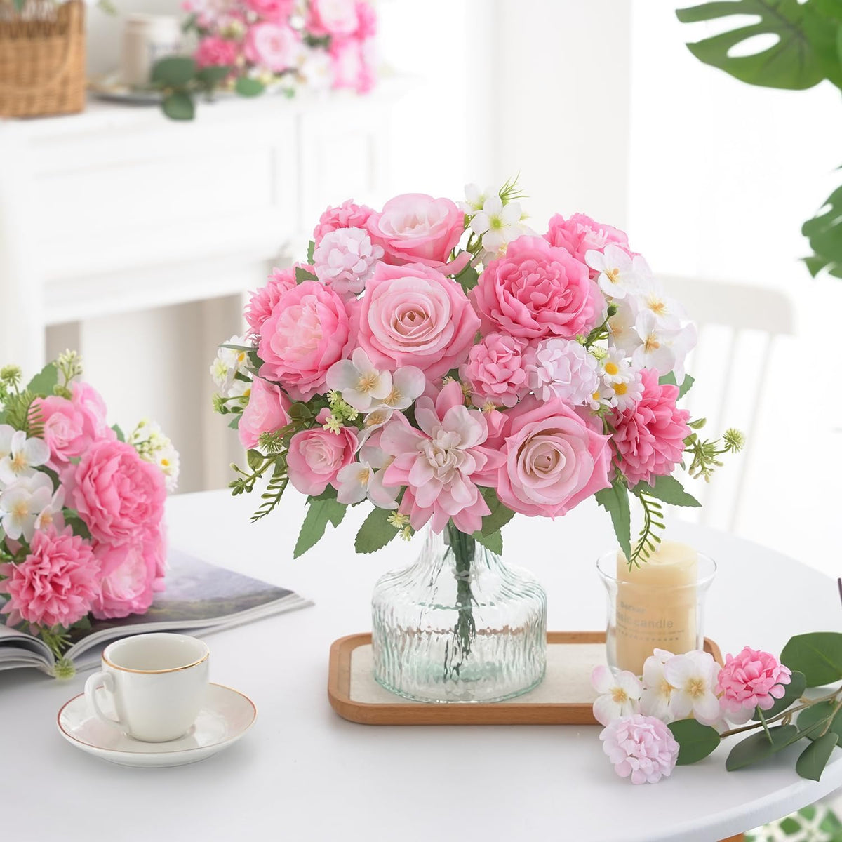 Mixed Artificial Flowers Set, Small Artificial Peony Bouquet Fake Rose Flower Silk Floral Arrangements for Table Centerpiece Home Wedding Party Bridal Decoration(Blue, 2 Bouquets & 2 Stems)
