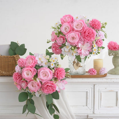 Mixed Artificial Flowers Set, Small Artificial Peony Bouquet Fake Rose Flower Silk Floral Arrangements for Table Centerpiece Home Wedding Party Bridal Decoration(Blue, 2 Bouquets & 2 Stems)