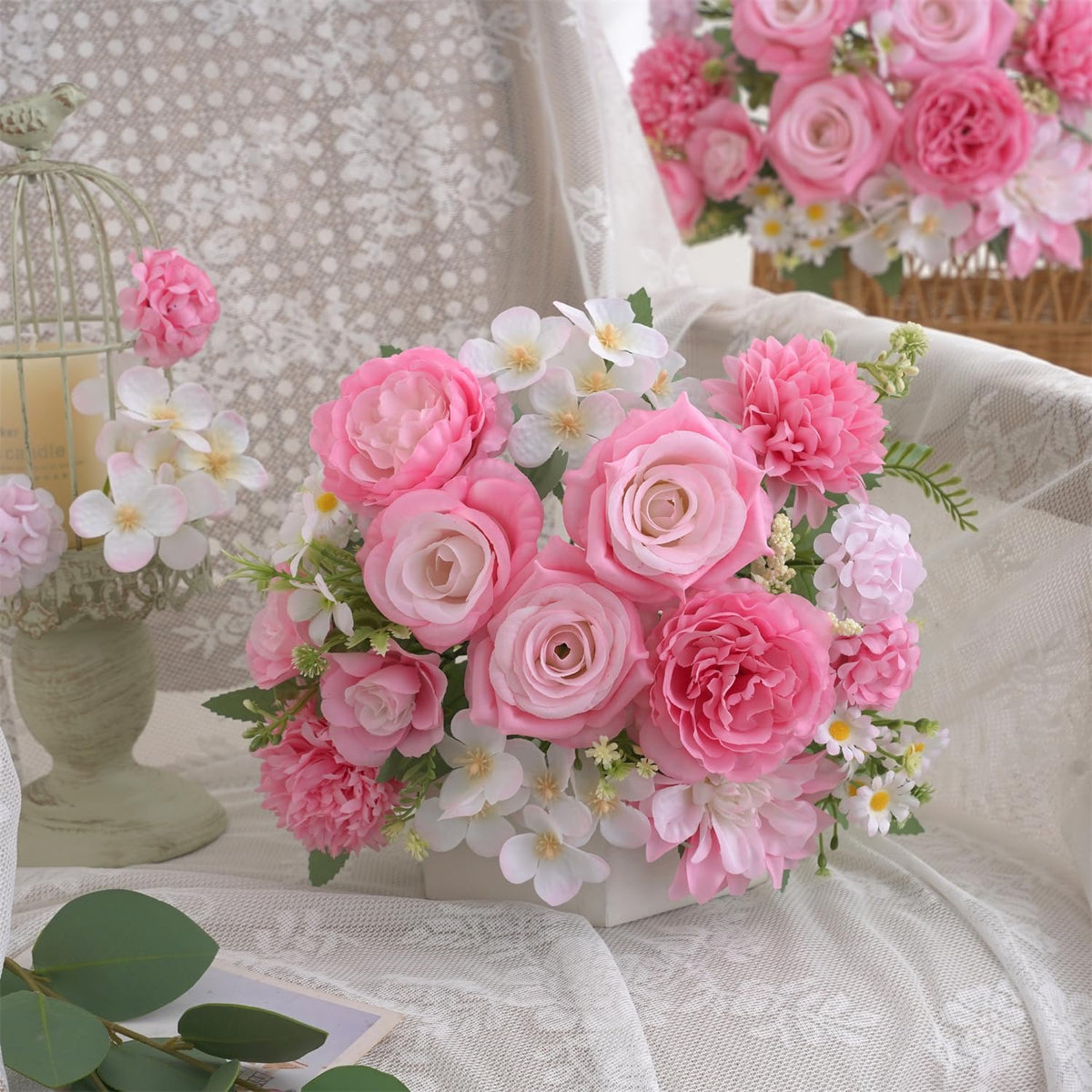 Mixed Artificial Flowers Set, Small Artificial Peony Bouquet Fake Rose Flower Silk Floral Arrangements for Table Centerpiece Home Wedding Party Bridal Decoration(Blue, 2 Bouquets & 2 Stems)