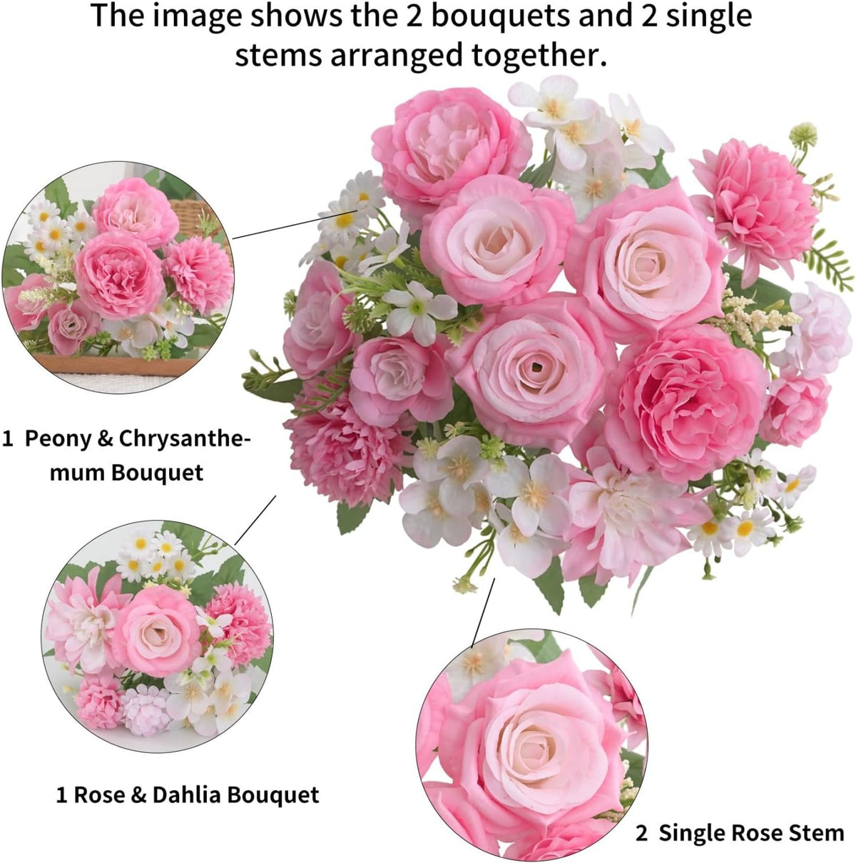 Mixed Artificial Flowers Set, Small Artificial Peony Bouquet Fake Rose Flower Silk Floral Arrangements for Table Centerpiece Home Wedding Party Bridal Decoration(Blue, 2 Bouquets & 2 Stems)