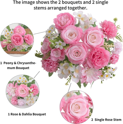 Mixed Artificial Flowers Set, Small Artificial Peony Bouquet Fake Rose Flower Silk Floral Arrangements for Table Centerpiece Home Wedding Party Bridal Decoration(Blue, 2 Bouquets & 2 Stems)