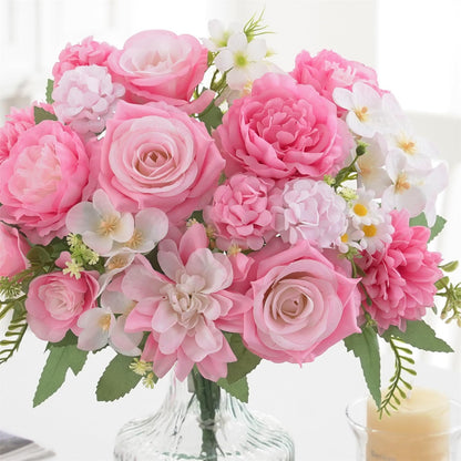 Mixed Artificial Flowers Set, Small Artificial Peony Bouquet Fake Rose Flower Silk Floral Arrangements for Table Centerpiece Home Wedding Party Bridal Decoration(Blue, 2 Bouquets & 2 Stems)