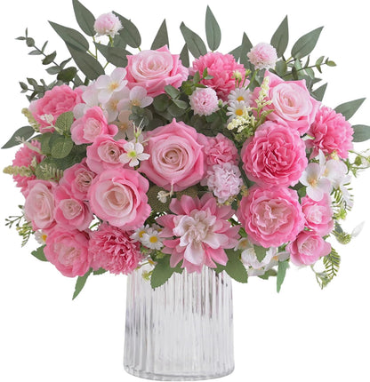 Mixed Artificial Flowers Set, Small Artificial Peony Bouquet Fake Rose Flower Silk Floral Arrangements for Table Centerpiece Home Wedding Party Bridal Decoration(Blue, 2 Bouquets & 2 Stems)