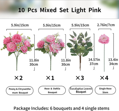 Mixed Artificial Flowers Set, Small Artificial Peony Bouquet Fake Rose Flower Silk Floral Arrangements for Table Centerpiece Home Wedding Party Bridal Decoration(Blue, 2 Bouquets & 2 Stems)