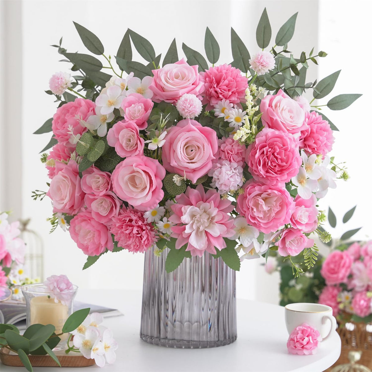 Mixed Artificial Flowers Set, Small Artificial Peony Bouquet Fake Rose Flower Silk Floral Arrangements for Table Centerpiece Home Wedding Party Bridal Decoration(Blue, 2 Bouquets & 2 Stems)