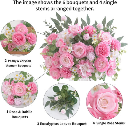 Mixed Artificial Flowers Set, Small Artificial Peony Bouquet Fake Rose Flower Silk Floral Arrangements for Table Centerpiece Home Wedding Party Bridal Decoration(Blue, 2 Bouquets & 2 Stems)