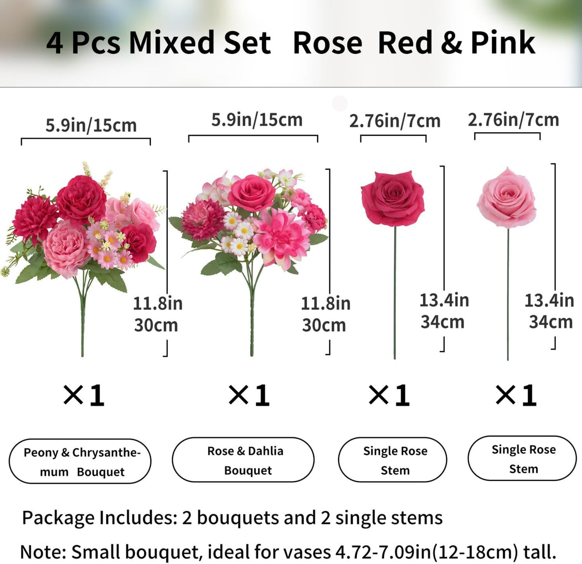 Mixed Artificial Flowers Set, Small Artificial Peony Bouquet Fake Rose Flower Silk Floral Arrangements for Table Centerpiece Home Wedding Party Bridal Decoration(Blue, 2 Bouquets & 2 Stems)
