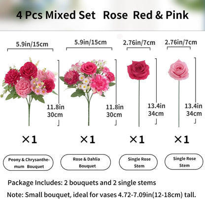 Mixed Artificial Flowers Set, Small Artificial Peony Bouquet Fake Rose Flower Silk Floral Arrangements for Table Centerpiece Home Wedding Party Bridal Decoration(Blue, 2 Bouquets & 2 Stems)