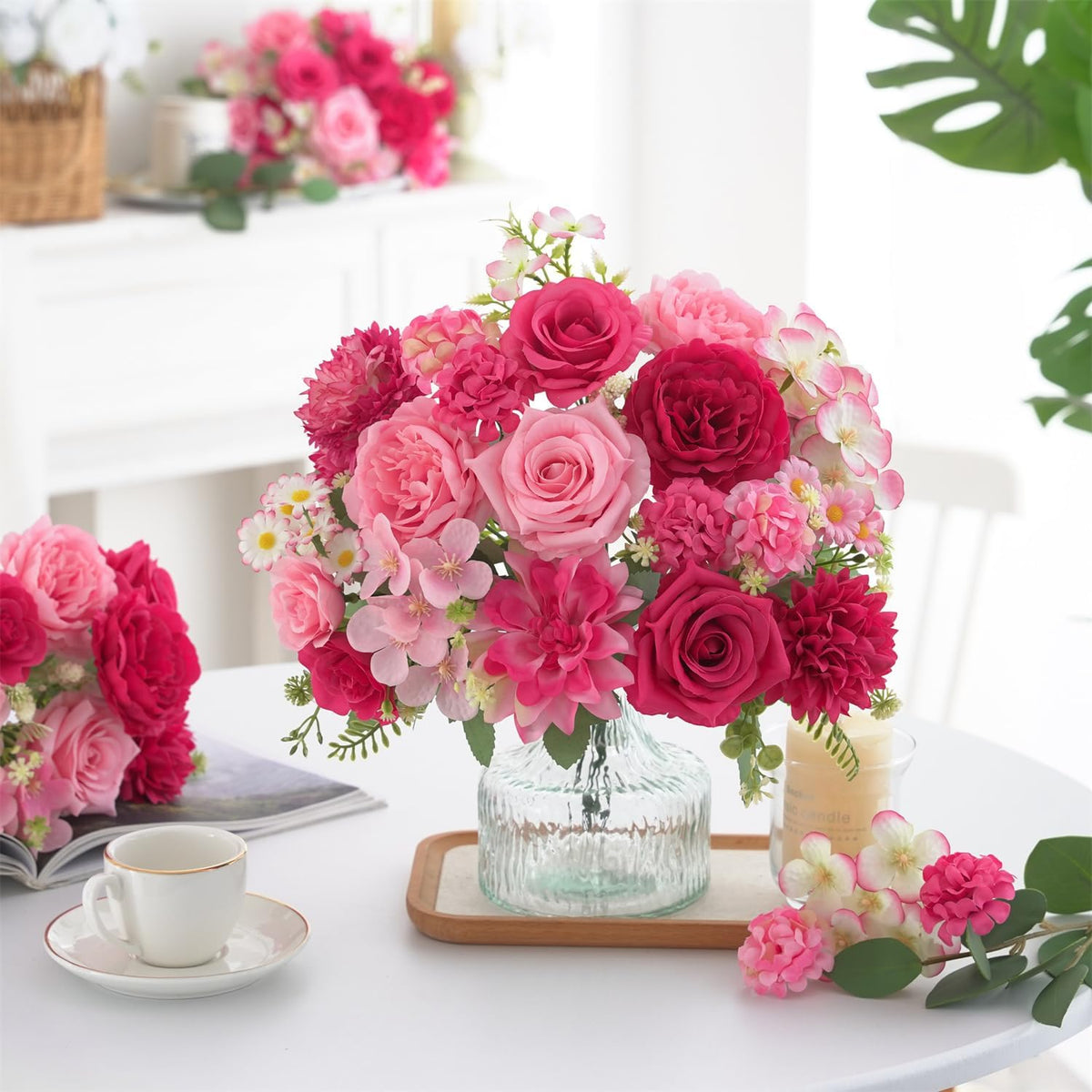 Mixed Artificial Flowers Set, Small Artificial Peony Bouquet Fake Rose Flower Silk Floral Arrangements for Table Centerpiece Home Wedding Party Bridal Decoration(Blue, 2 Bouquets & 2 Stems)