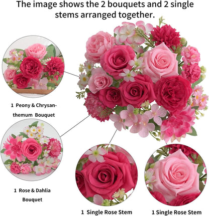 Mixed Artificial Flowers Set, Small Artificial Peony Bouquet Fake Rose Flower Silk Floral Arrangements for Table Centerpiece Home Wedding Party Bridal Decoration(Blue, 2 Bouquets & 2 Stems)