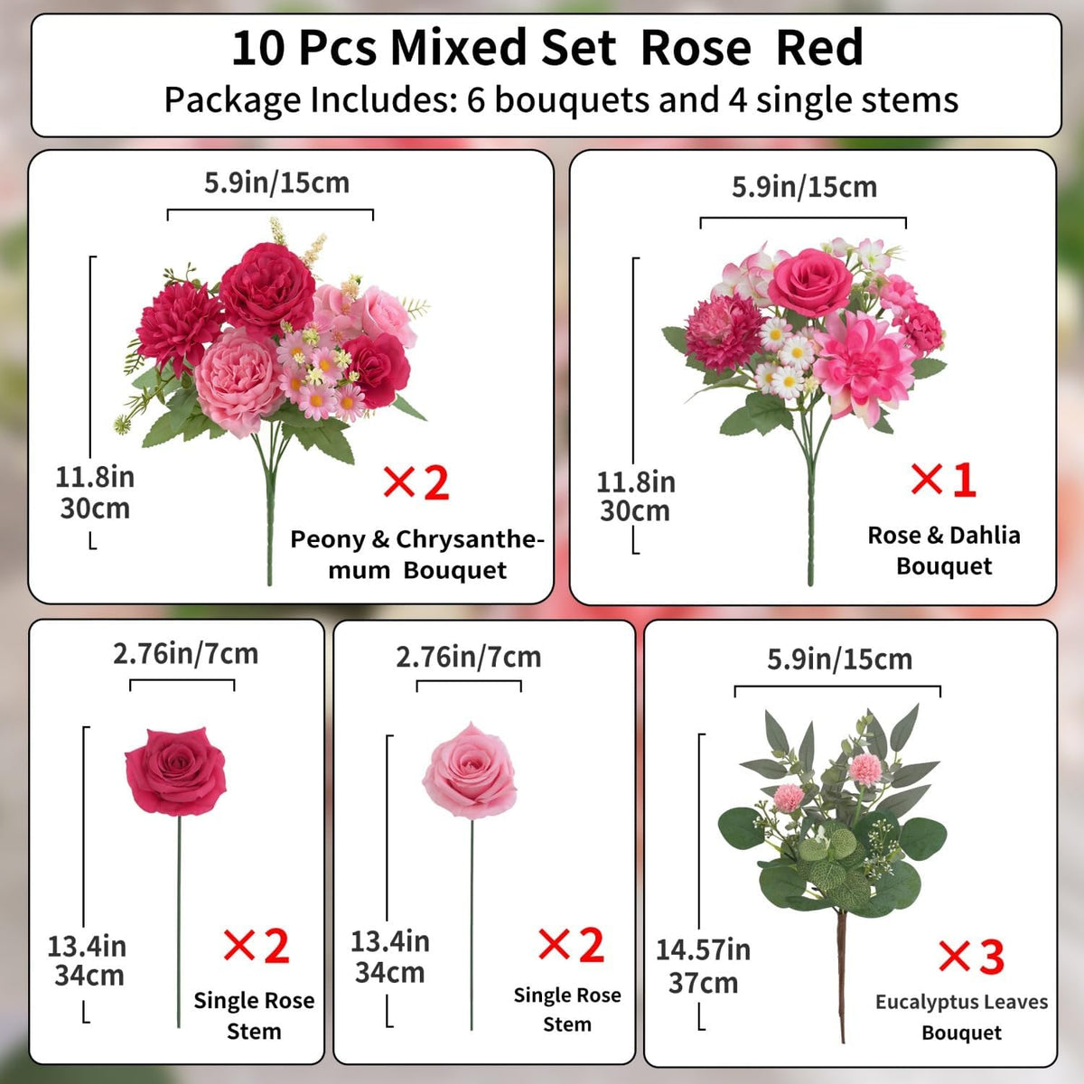 Mixed Artificial Flowers Set, Small Artificial Peony Bouquet Fake Rose Flower Silk Floral Arrangements for Table Centerpiece Home Wedding Party Bridal Decoration(Blue, 2 Bouquets & 2 Stems)