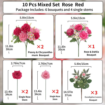 Mixed Artificial Flowers Set, Small Artificial Peony Bouquet Fake Rose Flower Silk Floral Arrangements for Table Centerpiece Home Wedding Party Bridal Decoration(Blue, 2 Bouquets & 2 Stems)