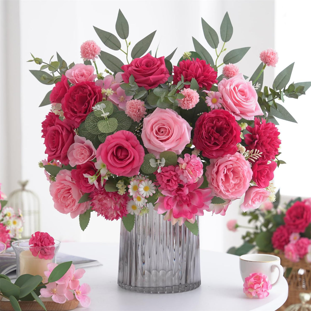 Mixed Artificial Flowers Set, Small Artificial Peony Bouquet Fake Rose Flower Silk Floral Arrangements for Table Centerpiece Home Wedding Party Bridal Decoration(Blue, 2 Bouquets & 2 Stems)