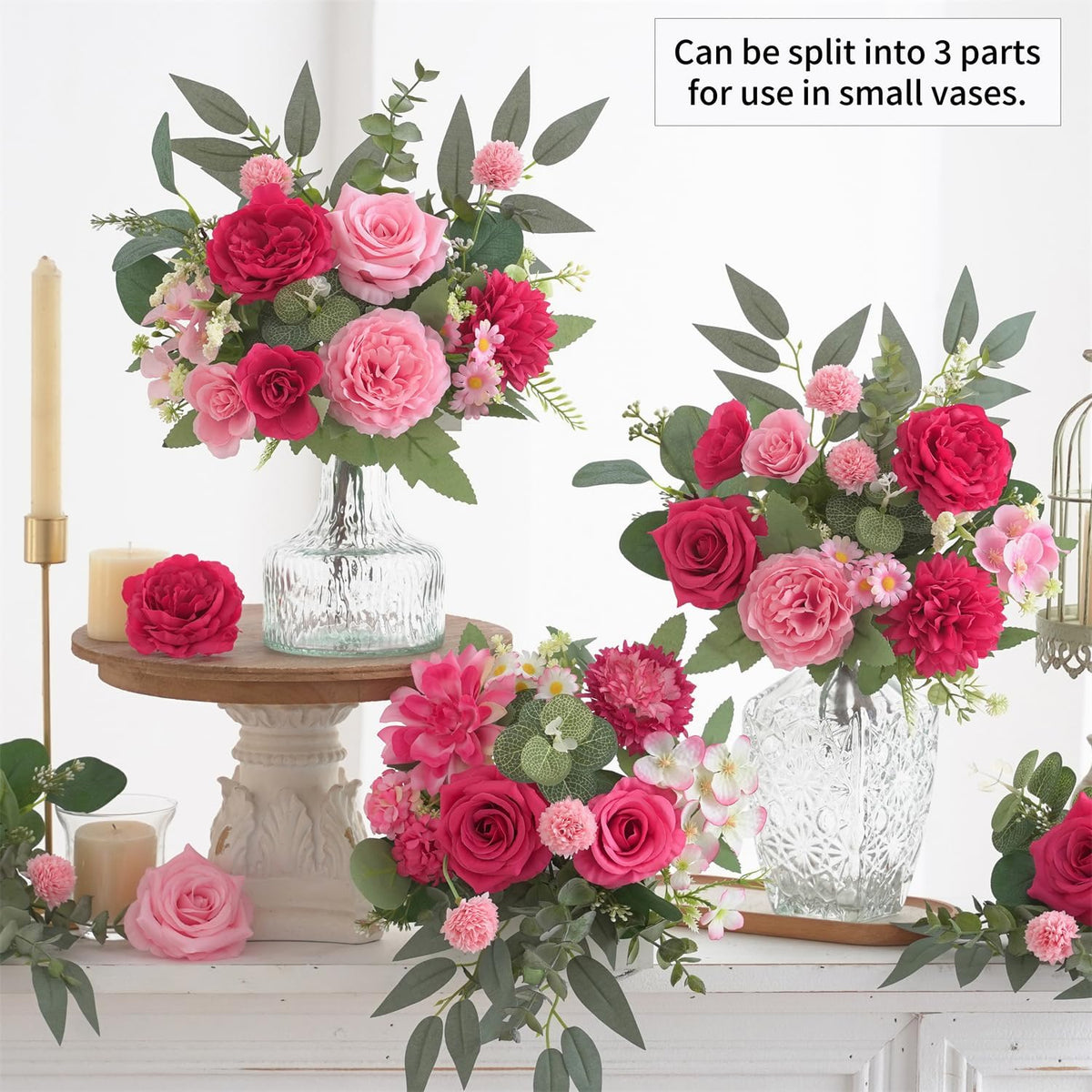 Mixed Artificial Flowers Set, Small Artificial Peony Bouquet Fake Rose Flower Silk Floral Arrangements for Table Centerpiece Home Wedding Party Bridal Decoration(Blue, 2 Bouquets & 2 Stems)