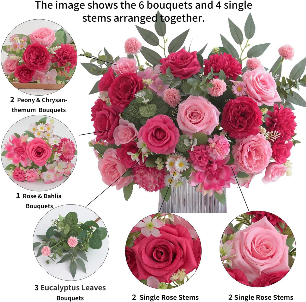 Mixed Artificial Flowers Set, Small Artificial Peony Bouquet Fake Rose Flower Silk Floral Arrangements for Table Centerpiece Home Wedding Party Bridal Decoration(Blue, 2 Bouquets & 2 Stems)