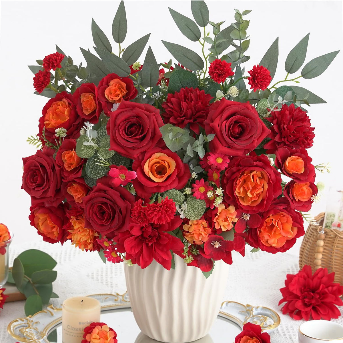 Mixed Artificial Flowers Set, Small Artificial Peony Bouquet Fake Rose Flower Silk Floral Arrangements for Table Centerpiece Home Wedding Party Bridal Decoration(Blue, 2 Bouquets & 2 Stems)