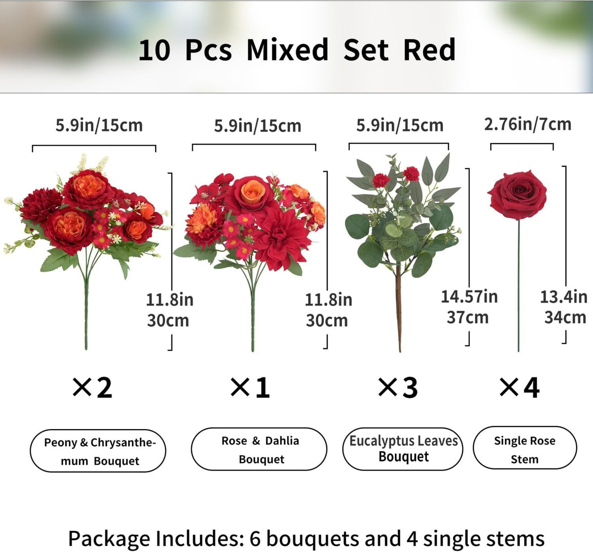 Mixed Artificial Flowers Set, Small Artificial Peony Bouquet Fake Rose Flower Silk Floral Arrangements for Table Centerpiece Home Wedding Party Bridal Decoration(Blue, 2 Bouquets & 2 Stems)