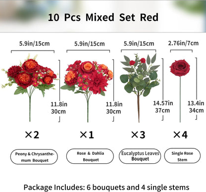 Mixed Artificial Flowers Set, Small Artificial Peony Bouquet Fake Rose Flower Silk Floral Arrangements for Table Centerpiece Home Wedding Party Bridal Decoration(Blue, 2 Bouquets & 2 Stems)