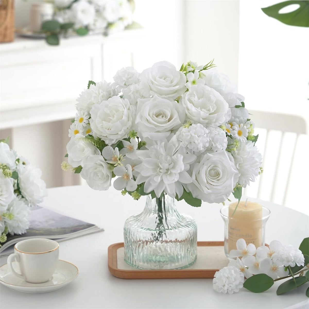 Mixed Artificial Flowers Set, Small Artificial Peony Bouquet Fake Rose Flower Silk Floral Arrangements for Table Centerpiece Home Wedding Party Bridal Decoration(Blue, 2 Bouquets & 2 Stems)