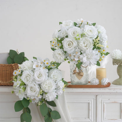 Mixed Artificial Flowers Set, Small Artificial Peony Bouquet Fake Rose Flower Silk Floral Arrangements for Table Centerpiece Home Wedding Party Bridal Decoration(Blue, 2 Bouquets & 2 Stems)