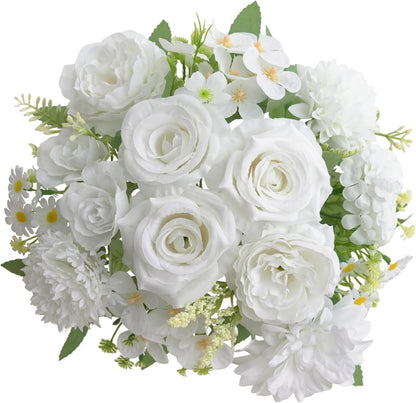 Mixed Artificial Flowers Set, Small Artificial Peony Bouquet Fake Rose Flower Silk Floral Arrangements for Table Centerpiece Home Wedding Party Bridal Decoration(Blue, 2 Bouquets & 2 Stems)