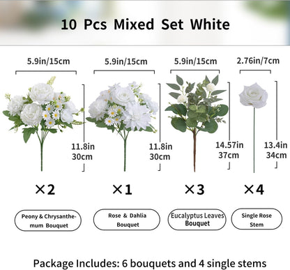 Mixed Artificial Flowers Set, Small Artificial Peony Bouquet Fake Rose Flower Silk Floral Arrangements for Table Centerpiece Home Wedding Party Bridal Decoration(Blue, 2 Bouquets & 2 Stems)