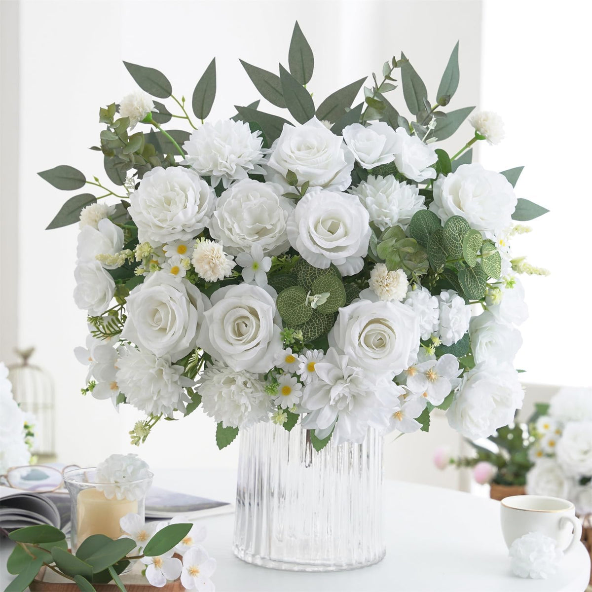 Mixed Artificial Flowers Set, Small Artificial Peony Bouquet Fake Rose Flower Silk Floral Arrangements for Table Centerpiece Home Wedding Party Bridal Decoration(Blue, 2 Bouquets & 2 Stems)