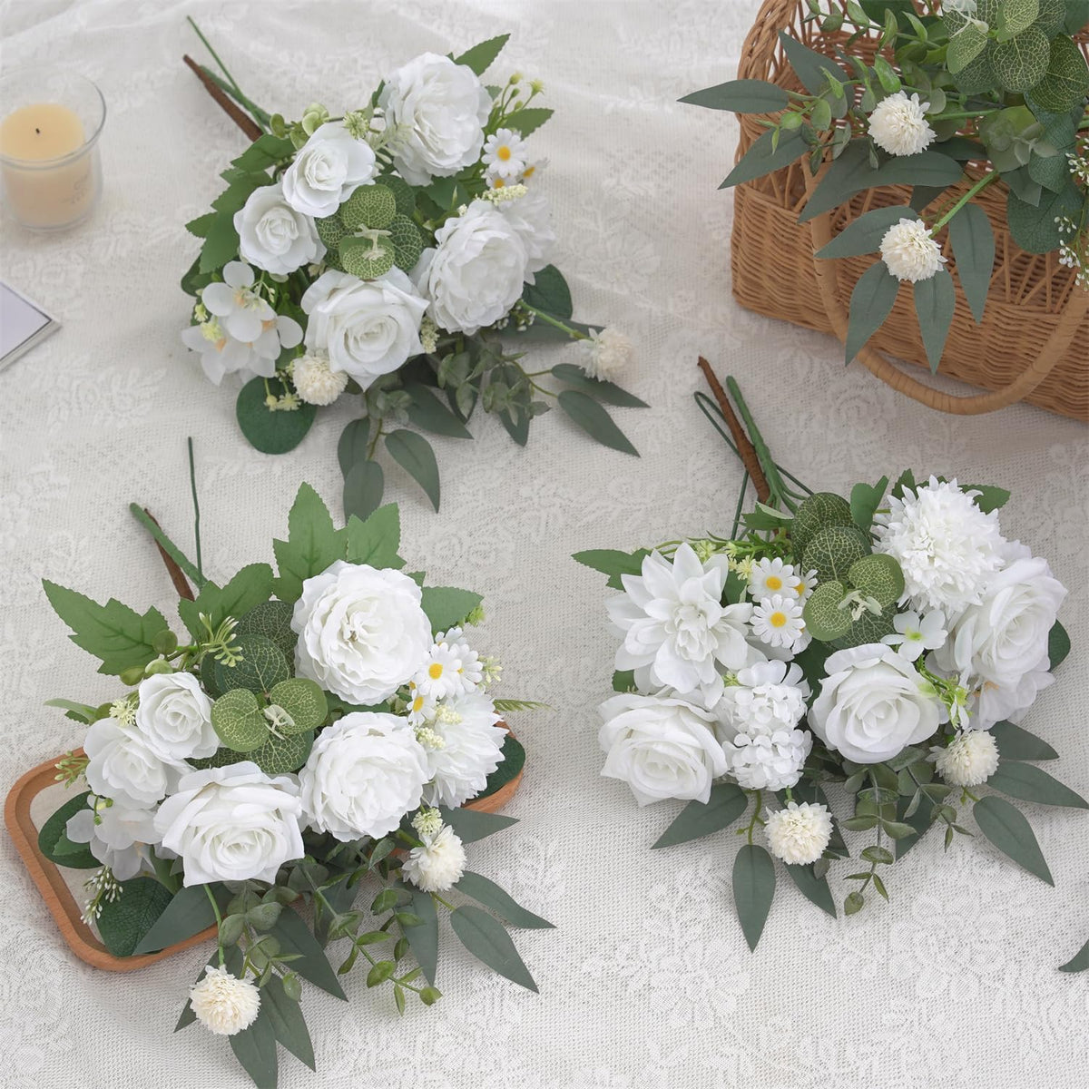 Mixed Artificial Flowers Set, Small Artificial Peony Bouquet Fake Rose Flower Silk Floral Arrangements for Table Centerpiece Home Wedding Party Bridal Decoration(Blue, 2 Bouquets & 2 Stems)