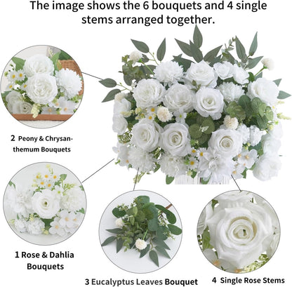 Mixed Artificial Flowers Set, Small Artificial Peony Bouquet Fake Rose Flower Silk Floral Arrangements for Table Centerpiece Home Wedding Party Bridal Decoration(Blue, 2 Bouquets & 2 Stems)