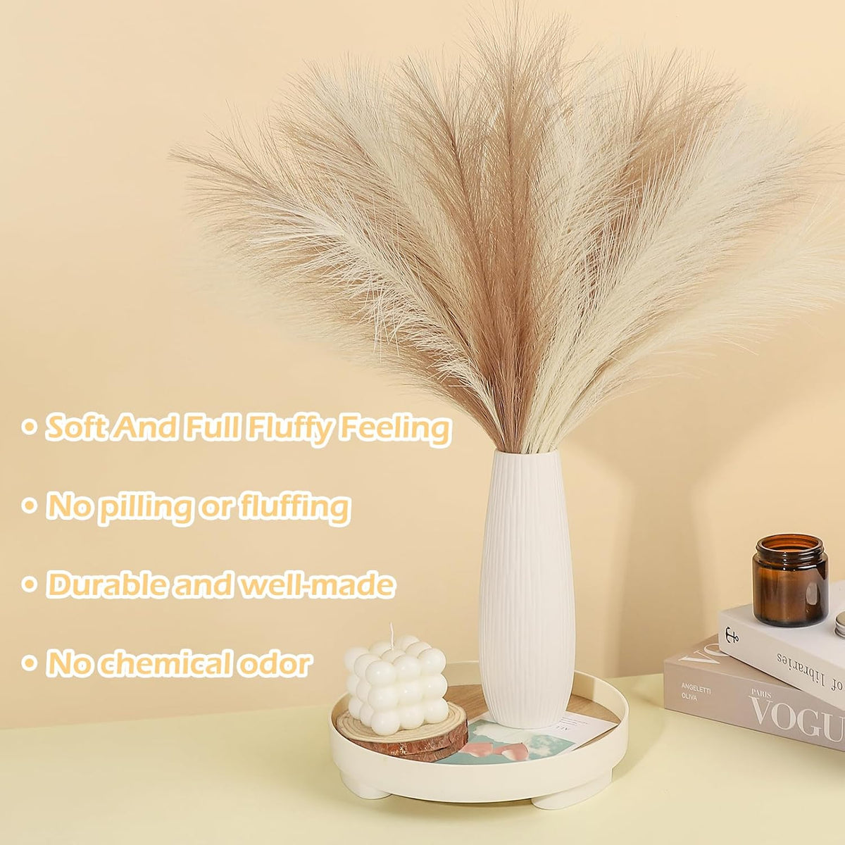 Pampas Grass Decor 21.7" Fluffy Faux Short Brown Pampas Grass Artificial Small Pompas Grass Flower Vase Filler for Home Wedding Living Room Wall Party Decoration
