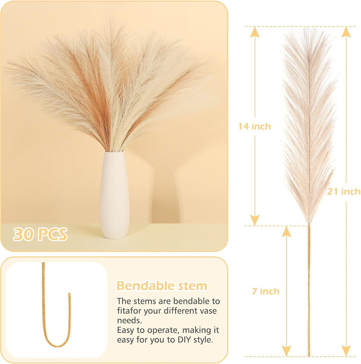 Pampas Grass Decor 21.7" Fluffy Faux Short Brown Pampas Grass Artificial Small Pompas Grass Flower Vase Filler for Home Wedding Living Room Wall Party Decoration