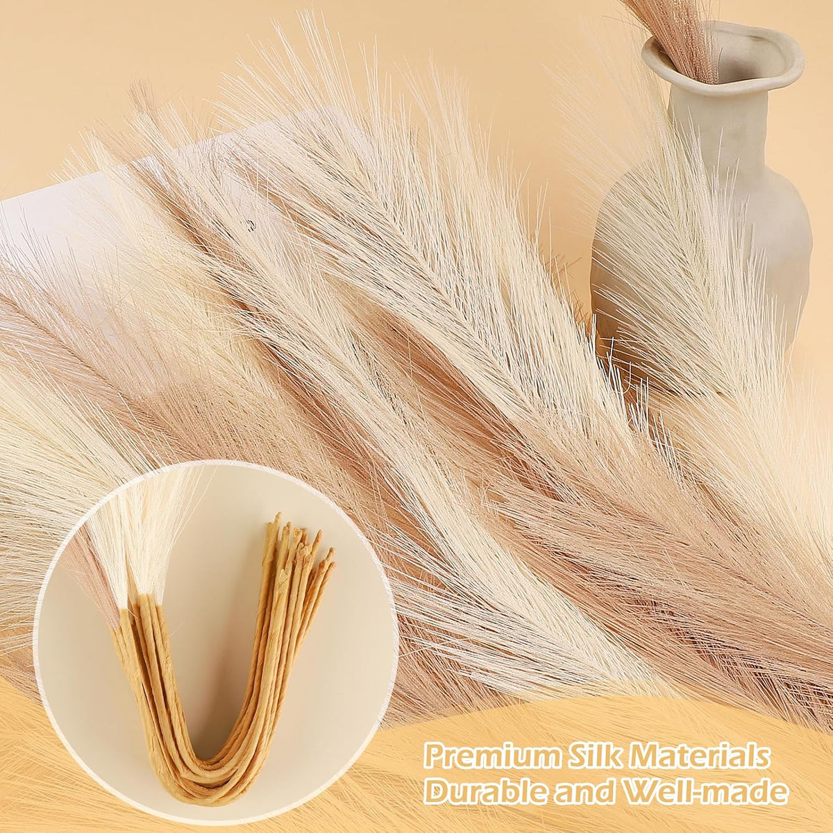 Pampas Grass Decor 21.7" Fluffy Faux Short Brown Pampas Grass Artificial Small Pompas Grass Flower Vase Filler for Home Wedding Living Room Wall Party Decoration